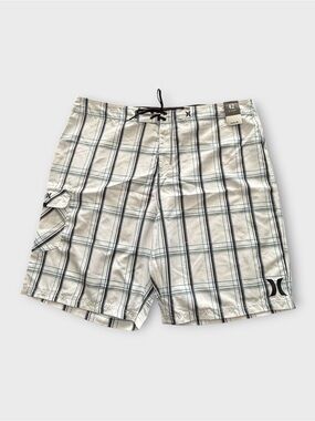 Hurley White Plaid Board Shorts with Black Trim